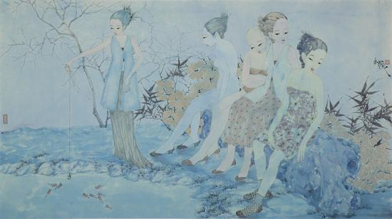 李东君，蓝色梦幻系列之一，90×50cm，纸本设色