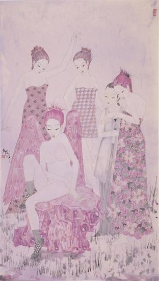 李东君，粉色梦幻系列之一90×50cm，纸本设色