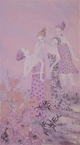 李东君，粉色梦幻系列之二，90×50cm，纸本设色